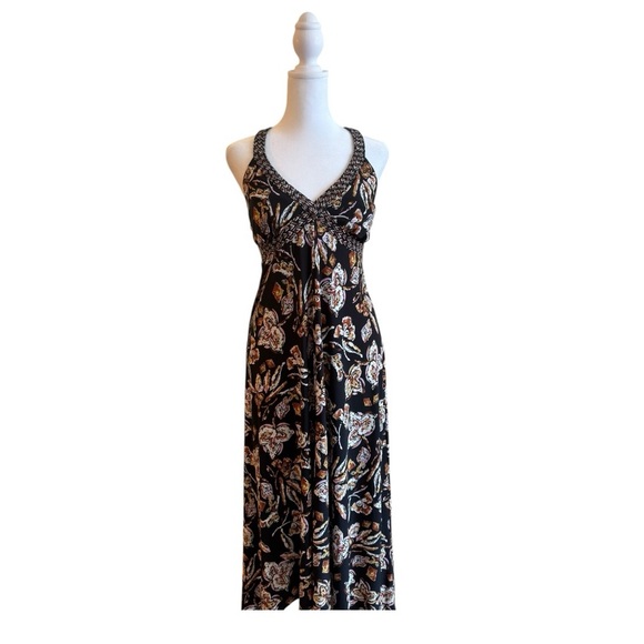 INC Black Floral Midi Dress Sleeveless V-Neck Size Small Boho Stretchy - Picture 1 of 9